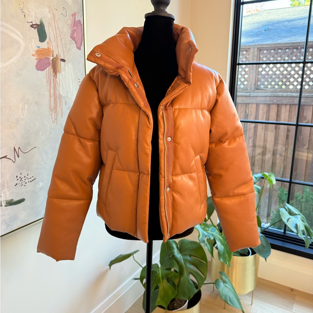 Abercrombie & Fitch Tan Faux Leather Mini Puffer Jacket